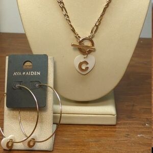 Initial C Heart Necklace AND Earring matching set Ava & Aiden Gold Tone NWT